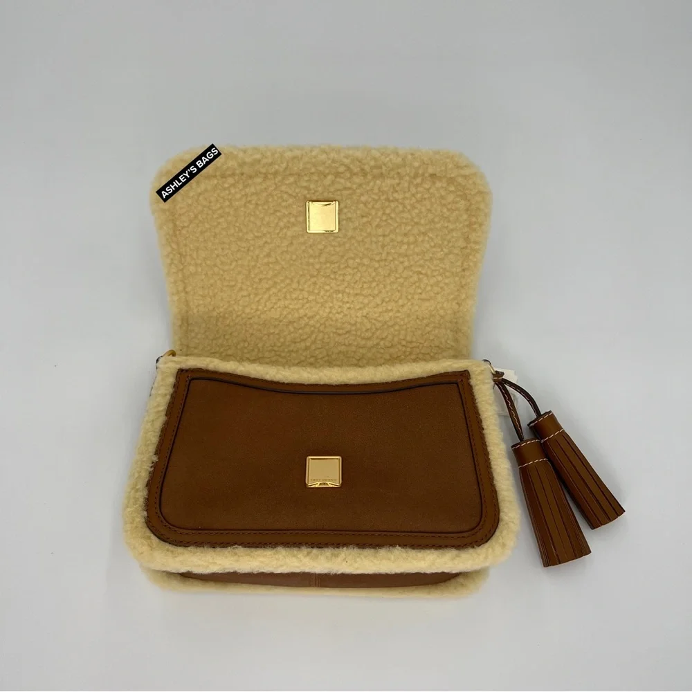 Tory Burch Thea Shearling Flap Crossbody In Moose Brown